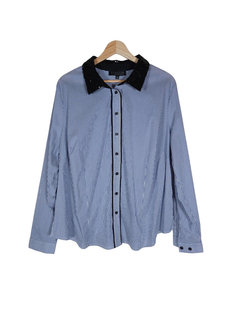 Eloquii Top 18 Blue Pinstriped Sequin Collar Long Sleeve Button Up Academia Chic